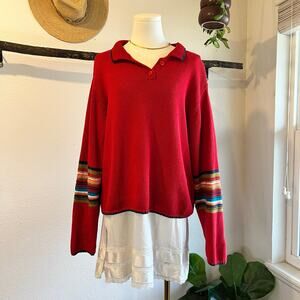 Dressbarn Vintage Red Cotton Knit Collared Slouchy Pullover Sweater Size XL